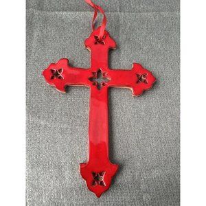 Ceramic Decorative Cross Crimson Glaze Signed - Wall Hanging 11”x7”
